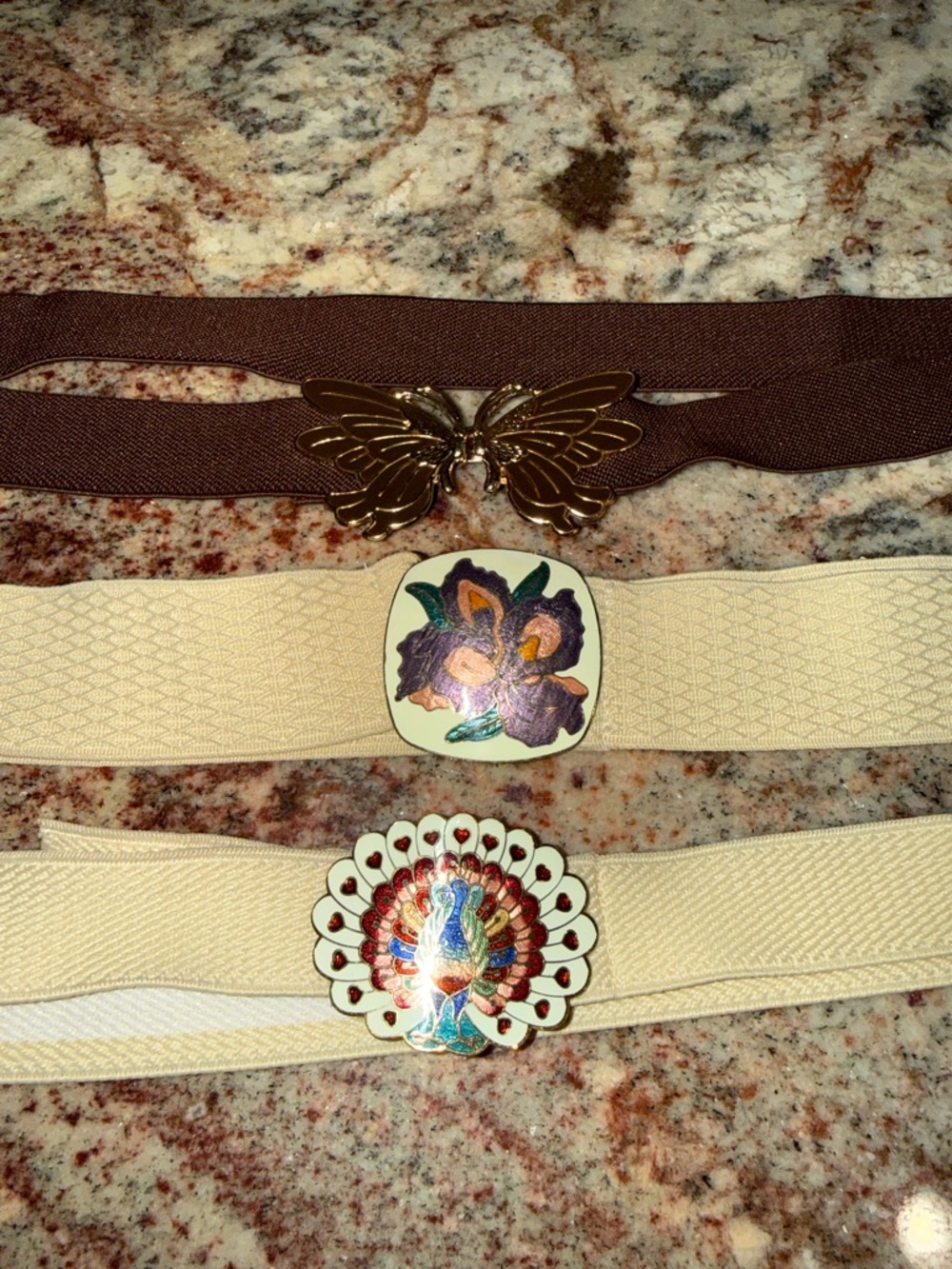 Set of 3 vintage stretch belts with whimsical statement buckles